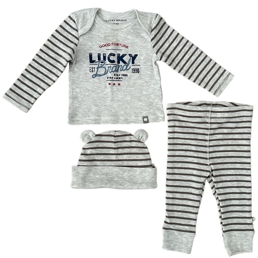 Lucky Brand Baby Boy 3 Piece Modern Outfit Hat Pants Long Sleeve